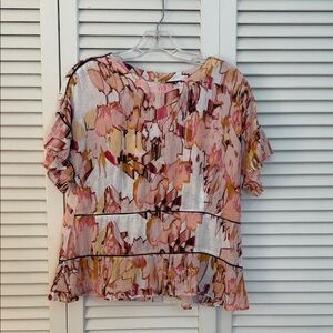Donna Karan Abstract Floral Ruffle-Sleeve Blouse